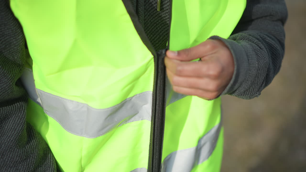 Close-up of neon green reflective safety vest with black zipper partially open, showing high-visibility fluorescent fabric and horizontal silver reflective stripe, designed for outdoor worker safety