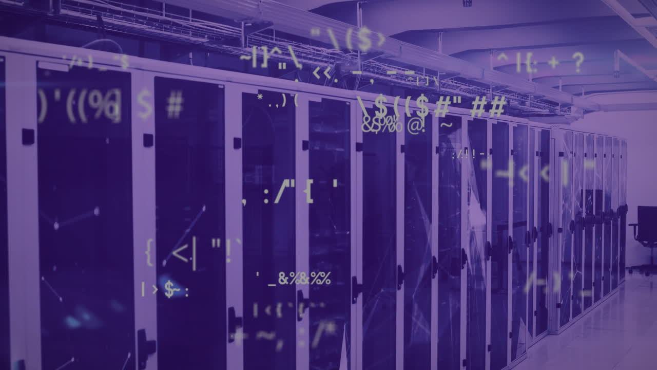 Symbols and coding animation over server racks in data center