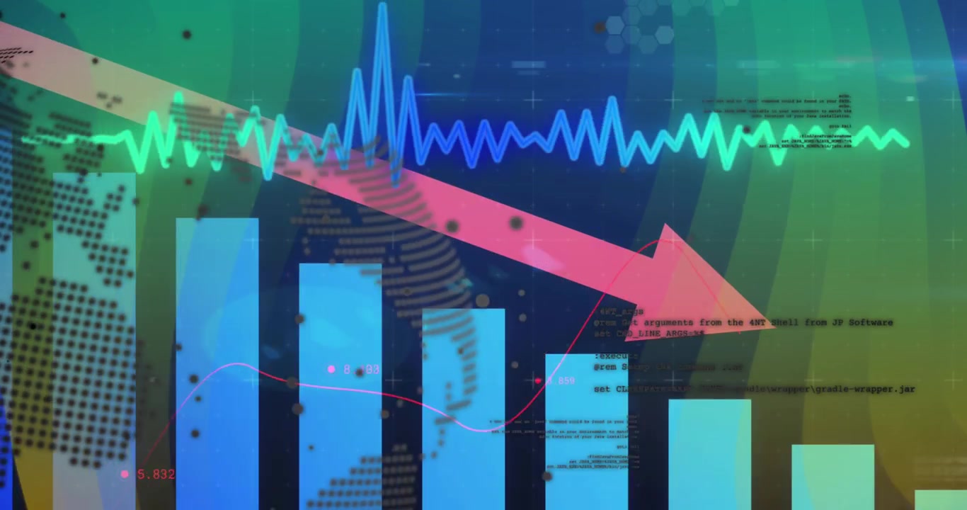 Animation of red arrow, statistics and data processing over world map