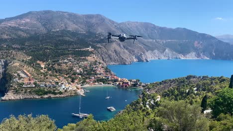 Drone-hovers-and-captures-beautiful-panorama-landscape-of-Asos,-Greece