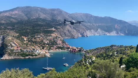 drone hovers and captures beautiful panorama landscape of asos, greece