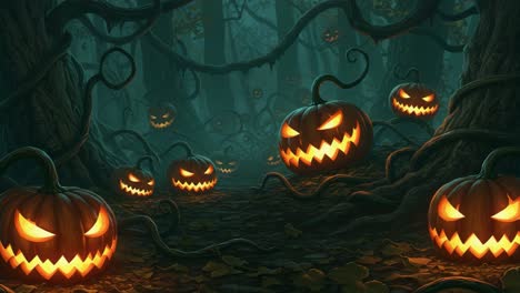 a spine-chilling halloween scene featuring sinister jack-o'-lanterns illuminating a dark forest path among twisted vines and eerie shadows