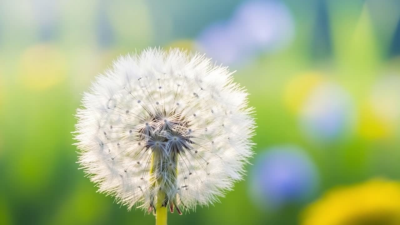 A close-up view of a delicate dandelion puff, beautifully illuminated by soft sunlight, showcasing its intricate seed structure against a soft, colorful background