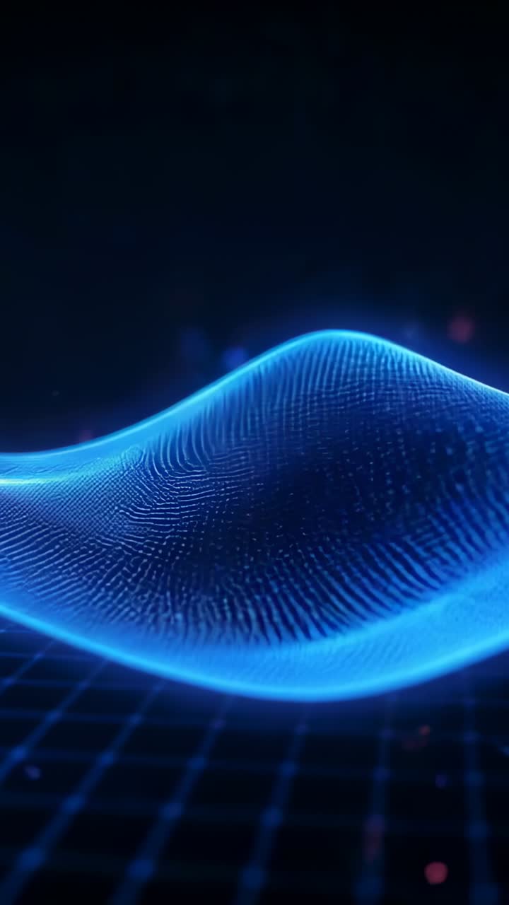 Vertical video: Starting frame1 blue mesh wave moving right over grid with red blue sparks for loop