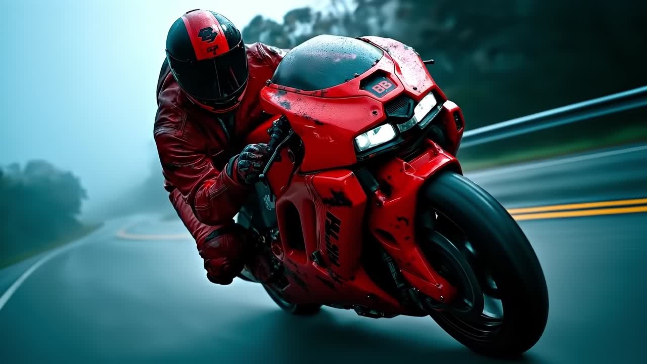 un hombre montando una motocicleta roja por un camino