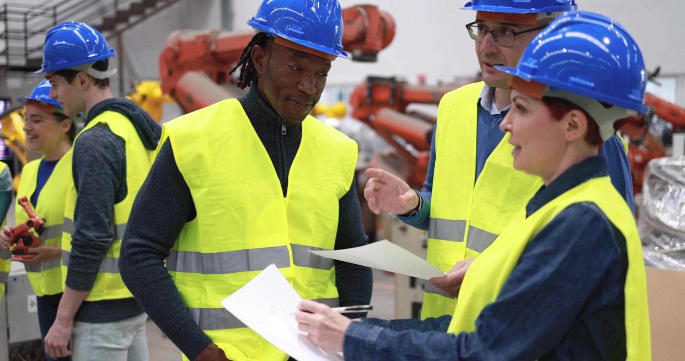 Diverse Team of Engineers Discussing Plans in Industrial Factory
