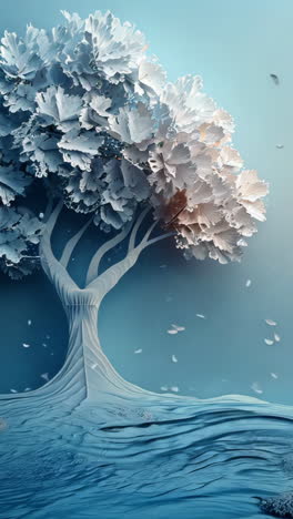 a white tree is floating on the water with leaves falling from it. the scene is calm and tranquil, with the tree's branches gently swaying in the water. the leaves are scattered around the tree