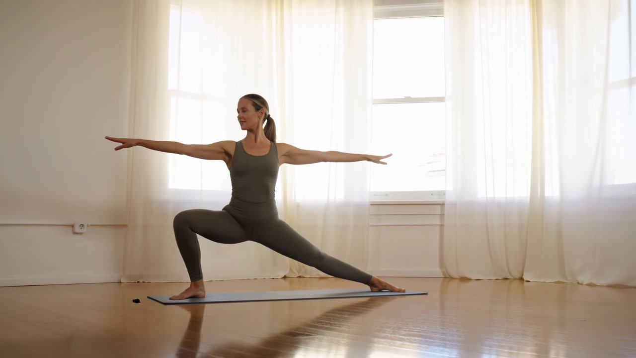Sunlit Studio Woman Practicing Warrior Pose On Mat On Hardwood Floor With Soft Curtains Backlighting Focused