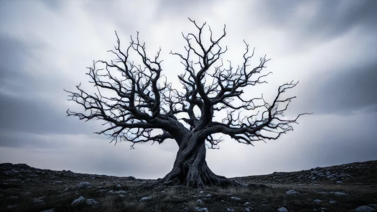 A solitary, gnarled tree stands resilient against a dramatic backdrop of impending storm clouds and striking lightning, embodying the raw power of nature's fury