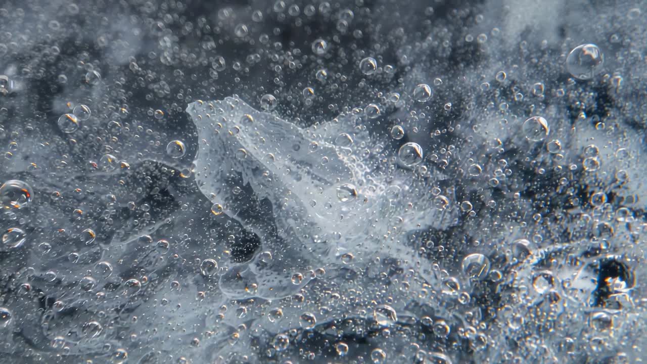 Scheggia di ghiaccio traslucida che si sposta, alla deriva in un primo piano macro, con un leggero scioglimento che rilascia minuscole bolle d'aria.