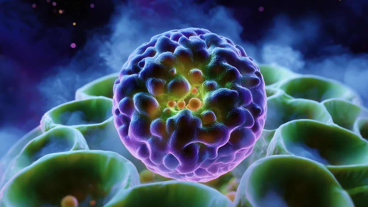 Microscopic View of Cellular Structure: A Vibrant and Detailed Representation of a Single Cell Surrounded by Others, Highlighting Intricate Biological Processes in a Colorful, Abstract Design