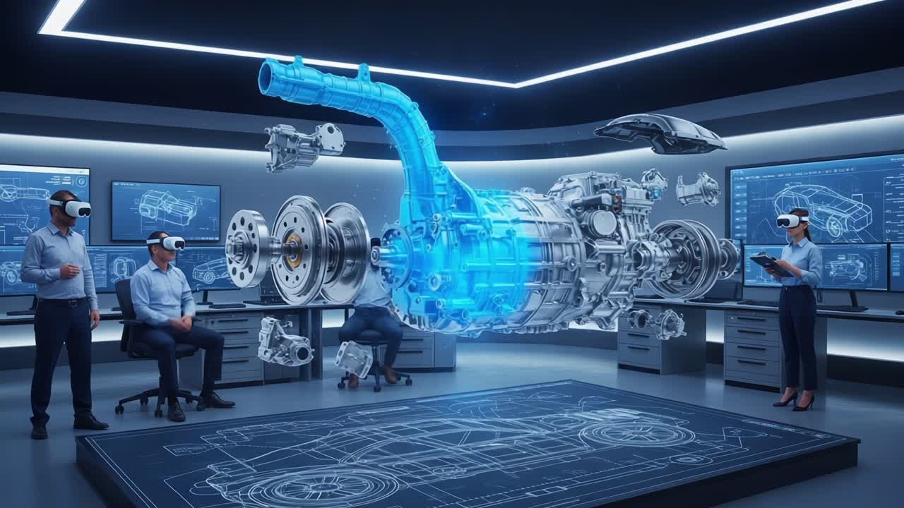 Exploring Advanced Automotive Design Through Virtual Reality: Engineers Collaborate in a High-Tech Environment, Observing a Transparent Engine Component and Vehicle Blueprint