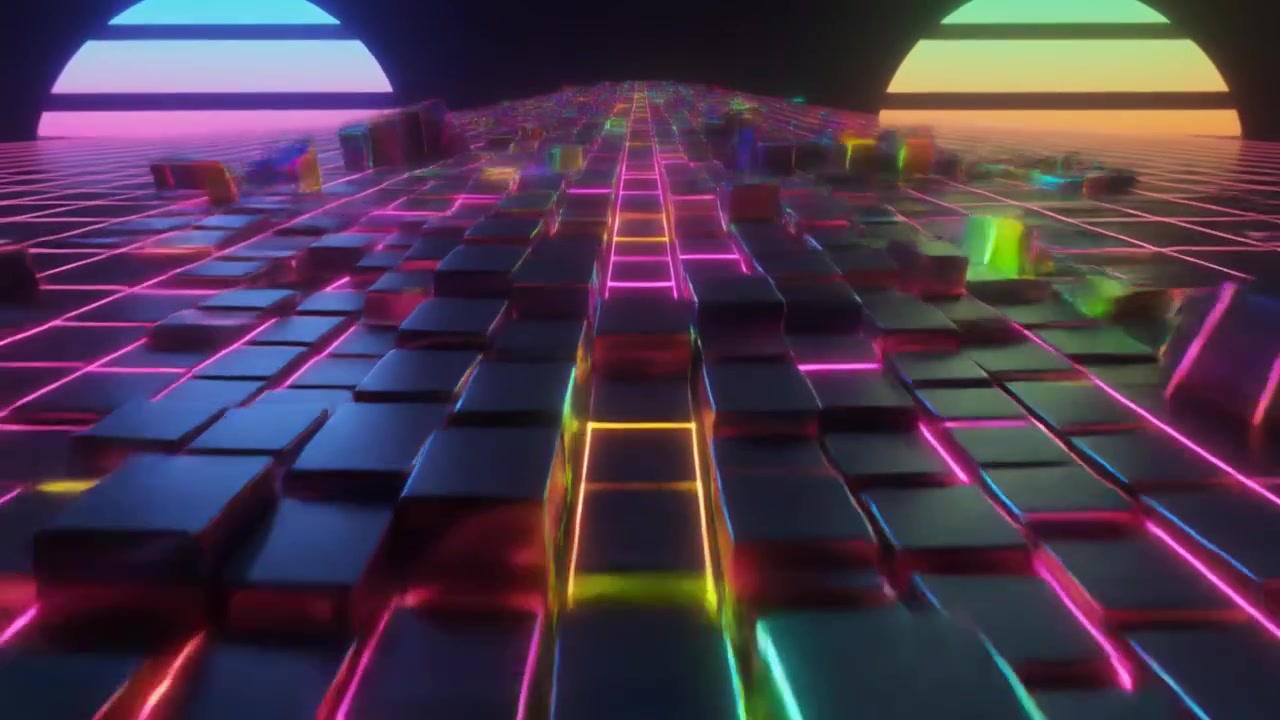 Retro Synthwave Digital Landscape with Moving Glowing Cubes