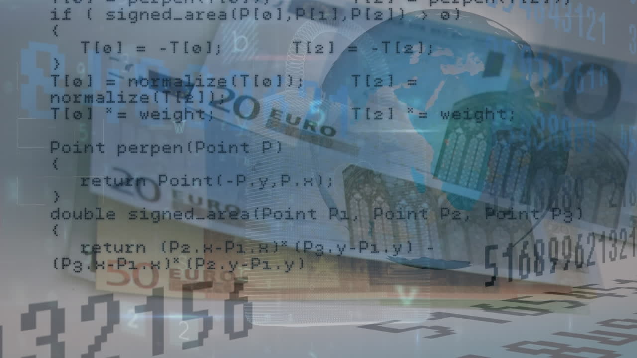 анимация обработки данных и глобус над евробанкнотами