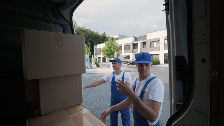 Two young workers of removal company are loading boxes and furniture into a minibus
