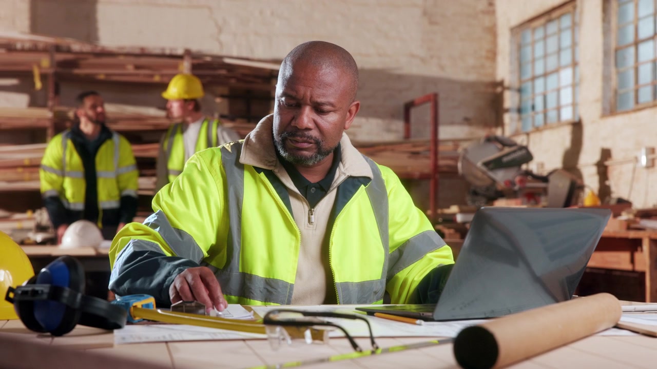 Construction Manager Working on Laptop in Workshop