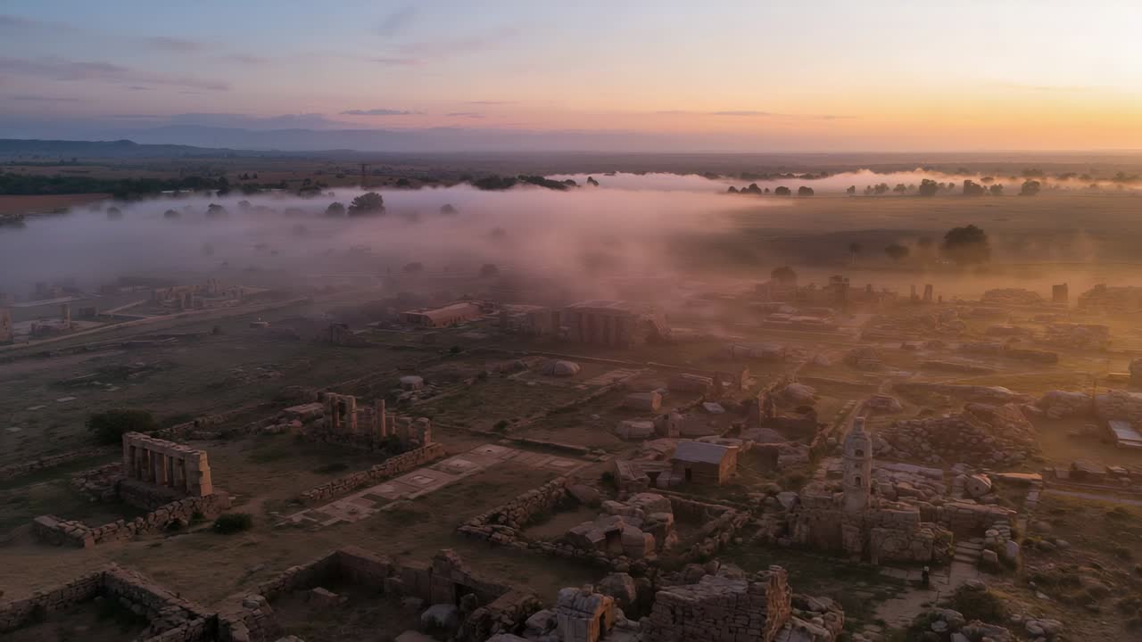 Bathing rising sun warming stone ruins and thinning fog over ruin complex, revealing columns