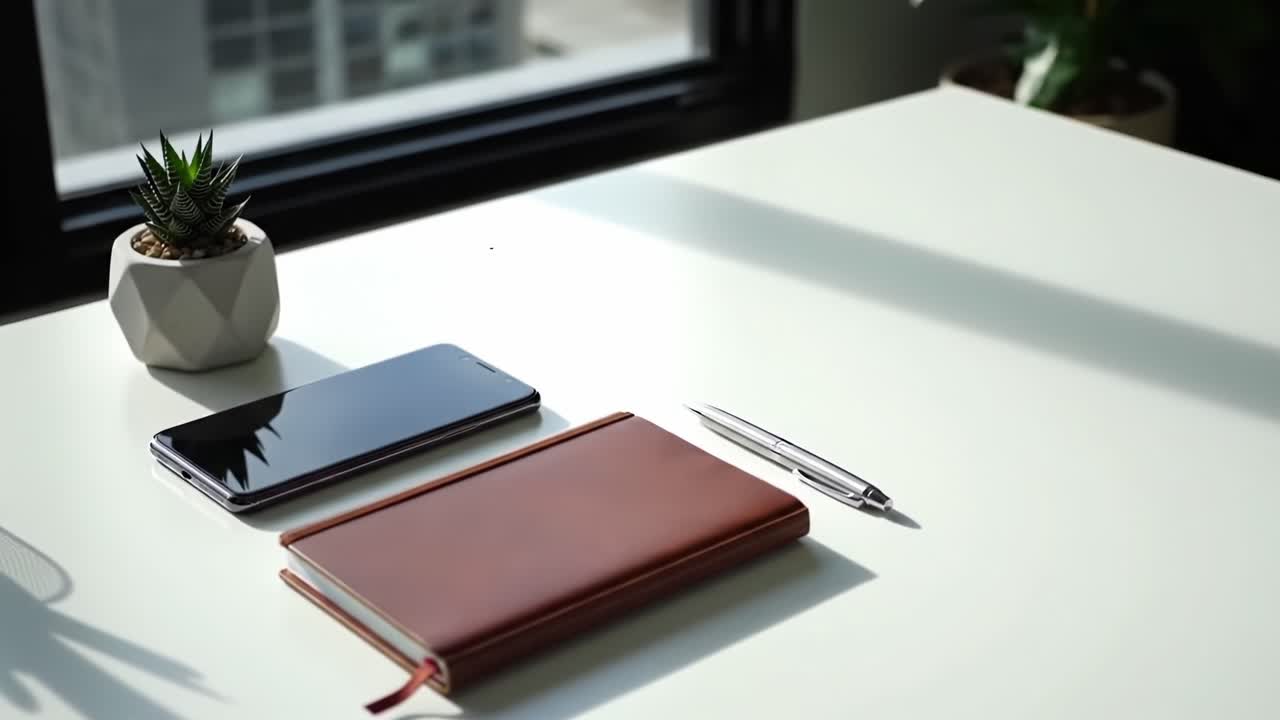 A Minimalist Workspace Featuring a Smartphone, Notebook, and Pen on a Clean Surface, Capturing the Aesthetic of Productivity and Organization in an Urban Environment