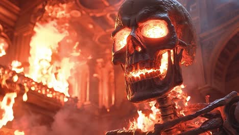 a skeleton in front of a burning building with red lights