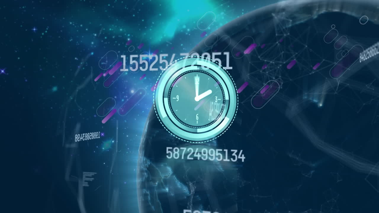 Animation of clock moving over globe, purple shapes and numbers on navy background