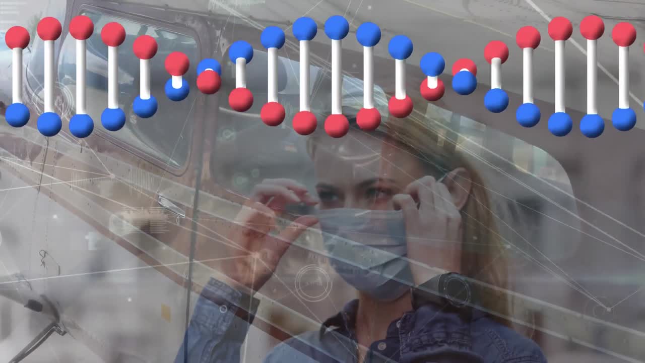 얼굴 마스크와 그리드에 있는 여성 위에 회전하는 dna 가닥의 애니메이션