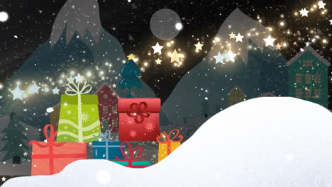brillante estrella fugaz sobre los regalos de navidad en el paisaje de invierno