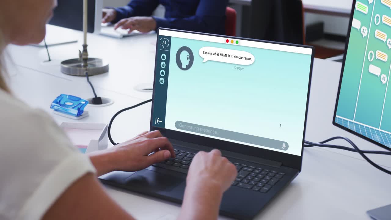 mujer caucásica en la oficina usando computadoras con un mensaje en las pantallas