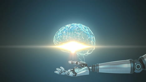 animación del cerebro humano sobre el brazo del robot en fondo azul