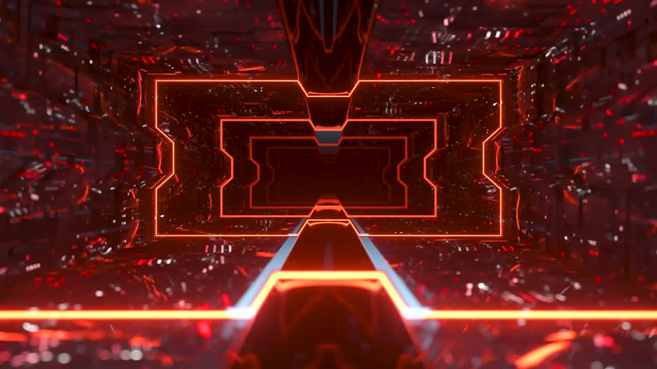 Futuristisk animation af flyvning gennem en rød tunnel med neonlys. 3D-animation af sømløst loop.