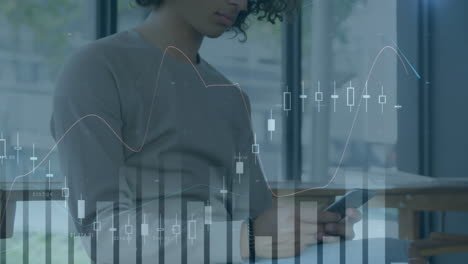 animation of statistics and data processing over man using smartphone