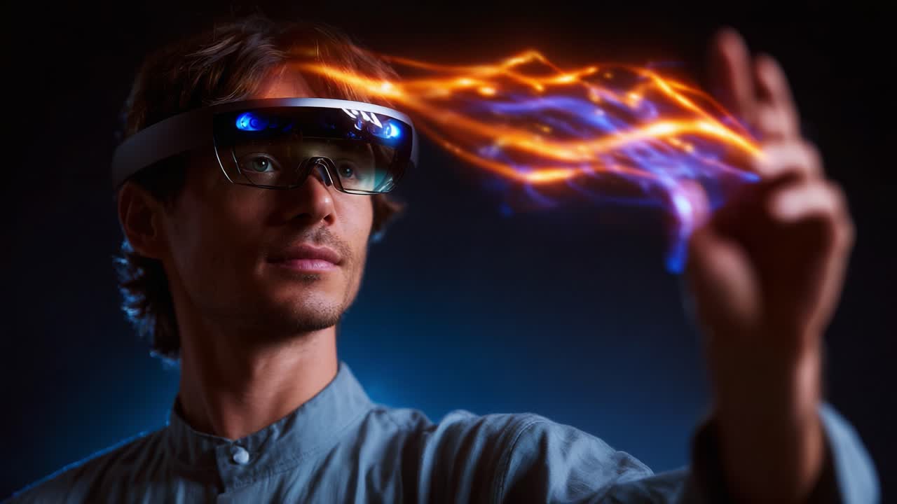 Un innovatore che interagisce con la tecnologia della realtà virtuale, mostrando immaginazione e interazione attraverso vivaci pattern di luci in un affascinante paesaggio digitale