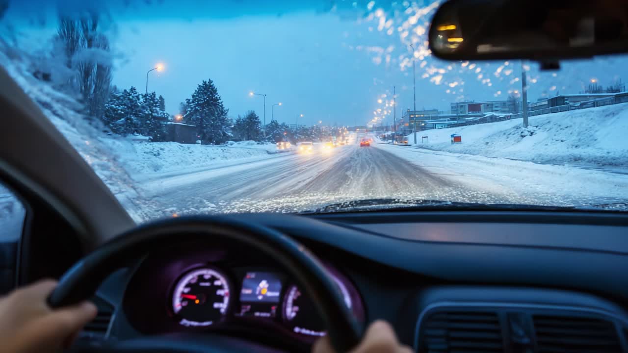 Driving Through a Snowy Winter Evening: A View from Inside the Car Capturing the Twinkling Street Lights and Snow-Covered Roads, Highlighting the Challenges of Navigation in Cold Weather Conditions