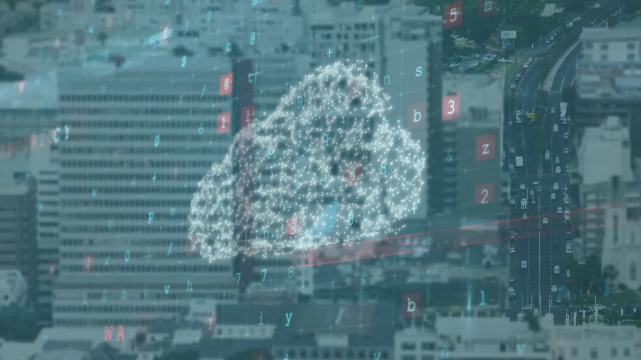 Animation of online cloud over cyber attack warning text and cityscape