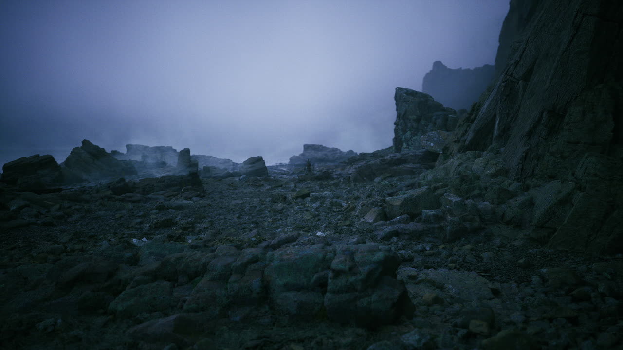 Secluded rugged plain cloaked in dense fog perfect for storytelling