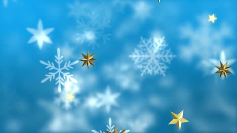 Animation-of-stars-falling-over-christmas-decorations-on-blue-background
