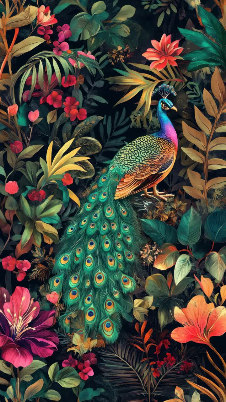 Vibrant peacock amidst lush foliage, captured from a high angle. The style is rich and colorful