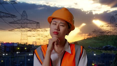 close up de ingeniera femenina asiática con casco de seguridad pensando en algo y mirando a su alrededor mientras está de pie cerca de la torre de alto voltaje