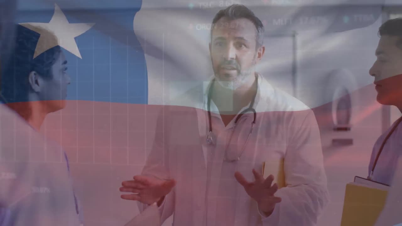 animación de agitar la bandera de chile sobre diversos médicos que conversan en el hospital