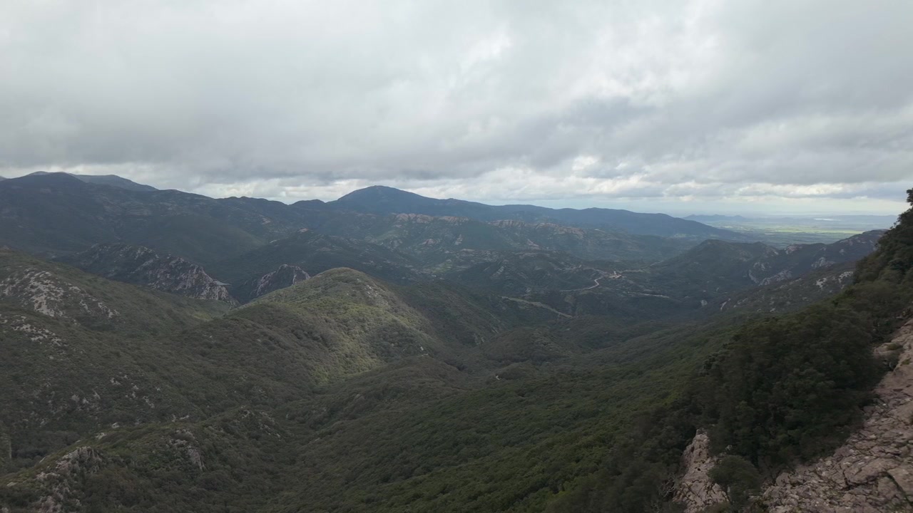 Densa vegetación de matorral mediterráneo y bosque. Bosque de Marganai en el suroeste de Cerdeña, Italia. Toma aérea con dron
