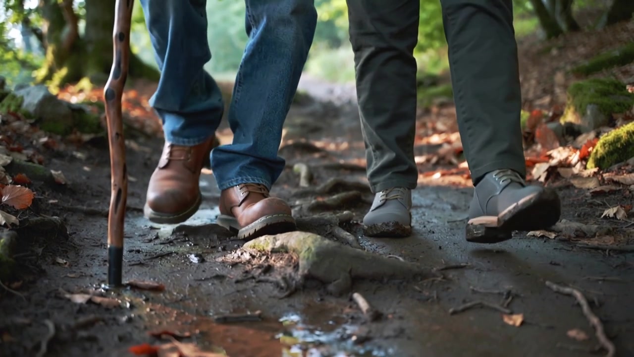 Un couple entrant dans le cadre sur un sentier, chaussé de bottes, utilisant un bâton de marche, enjambant des racines pour éviter les glissades.