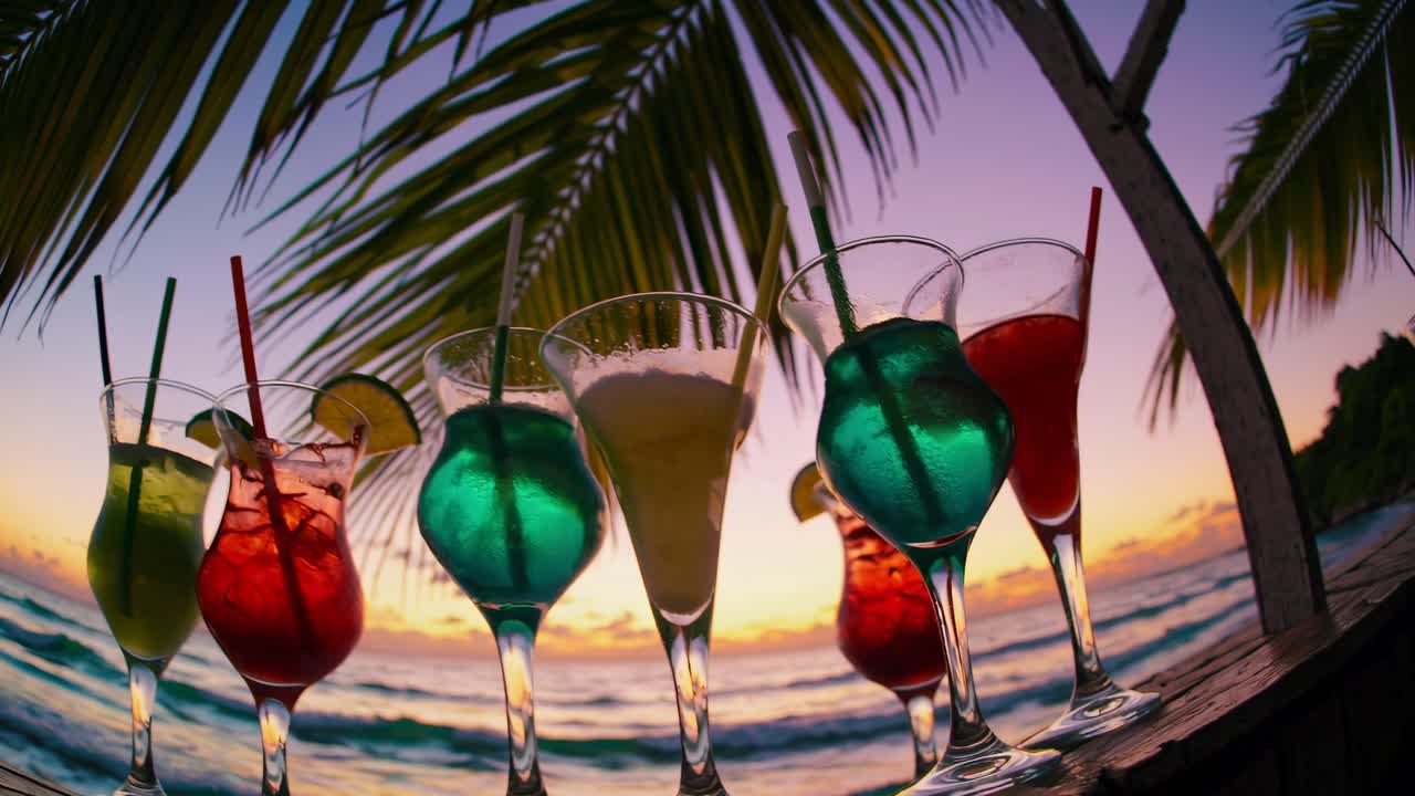 Low-angle video shot of colorful cocktails on a beach at sunset, framed by palm leaves