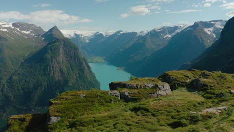 Magnificent-Mountain-Scenery-In-Klovane-Overlooking-Olden-Lake---aerial-shot