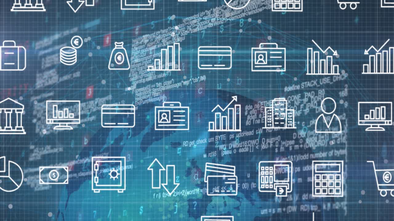 Animation of financial icons over data processing on blue background