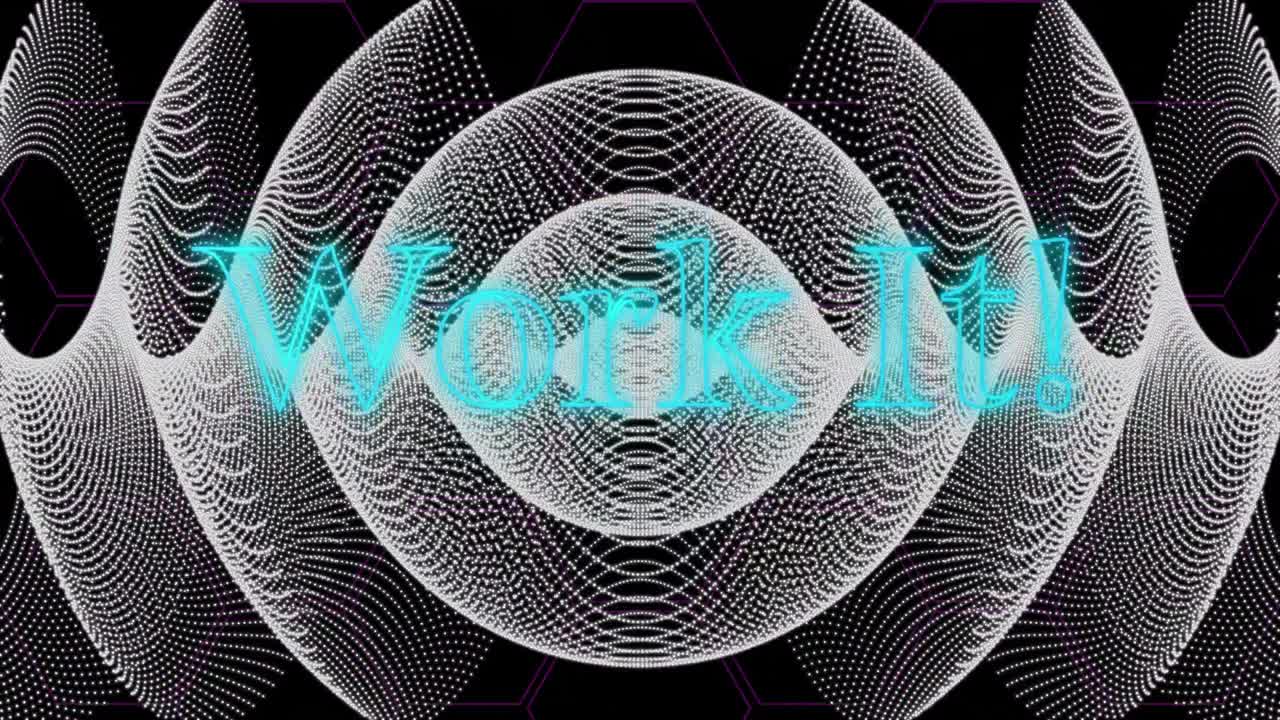 Animation of work it text in blue neon over white mesh curves on black