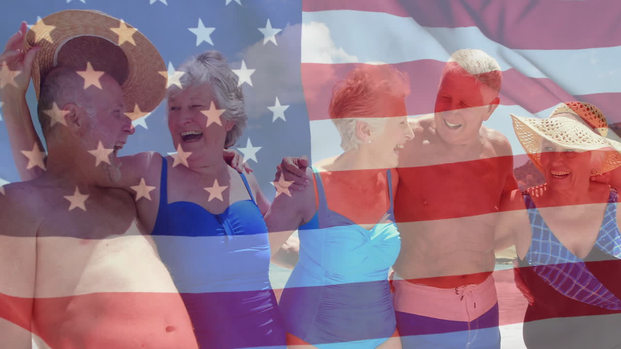 여름에 해변에 있는 다양한 고위 친구들 위에 있는 미국 발의 애니메이션