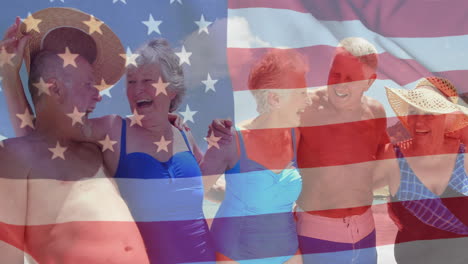 animation of flag of usa over diverse senior friends on beach in summer