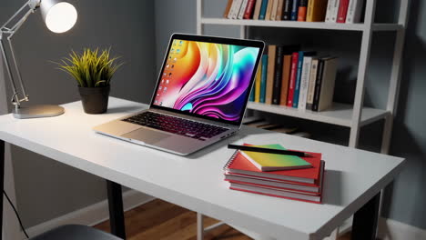 modern home office desk with laptop and bookshelf