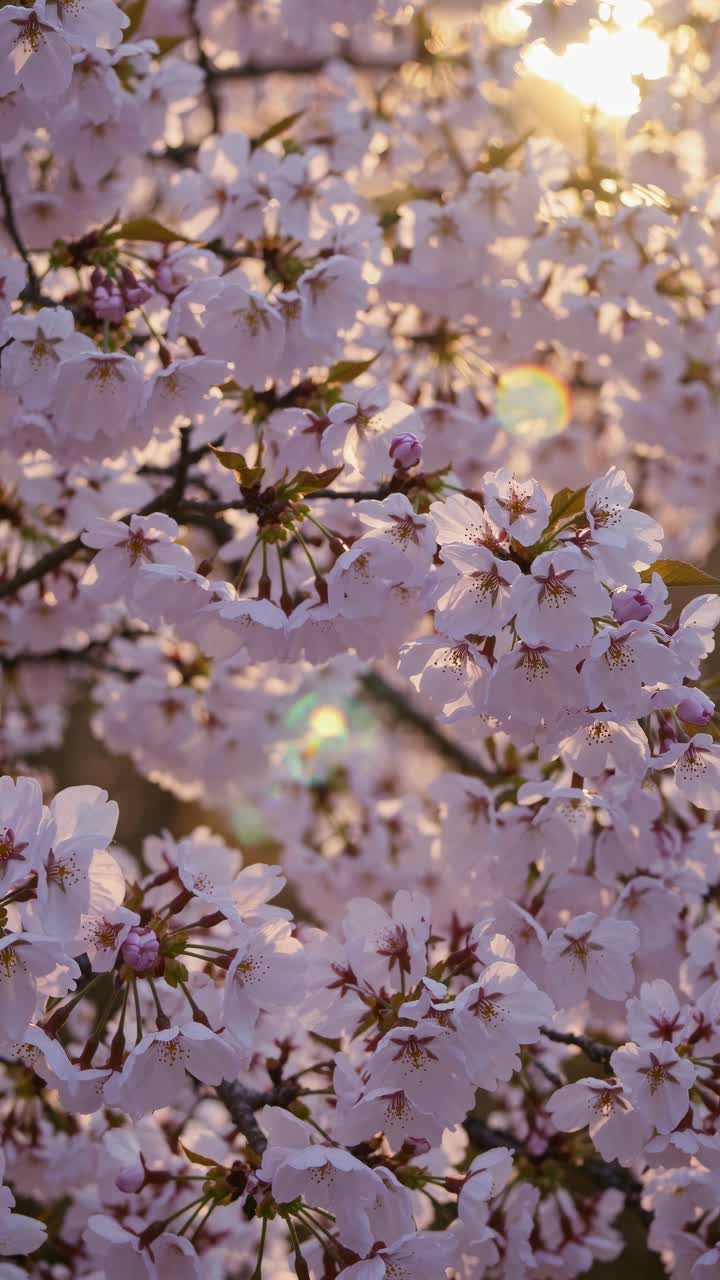 Close-up video of cherry blossoms with sunlight filtering through, captured from a low angle