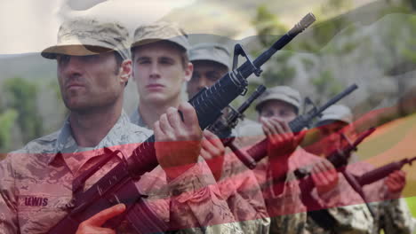 animation of flag of russia waving over diverse soldiers holding weapons