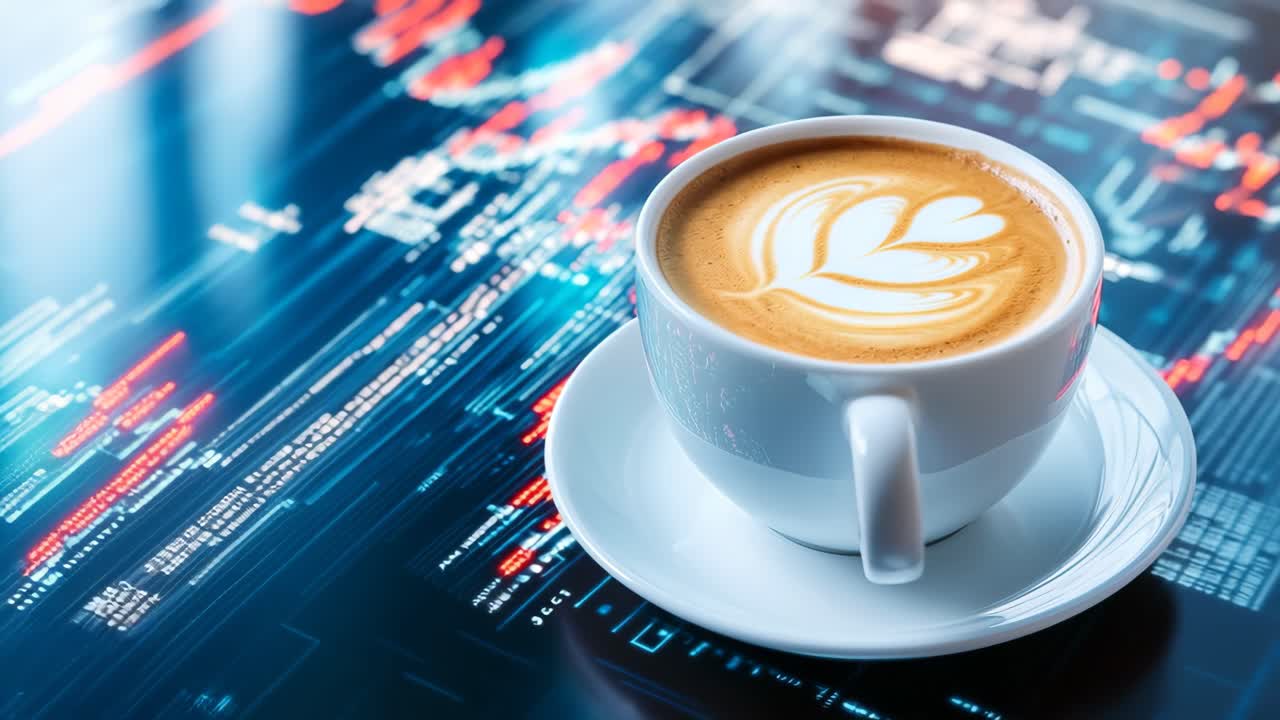 Latte art on stock data. A white coffee cup sits on a table, featuring latte art, above vibrant stock market data and financial graphs.